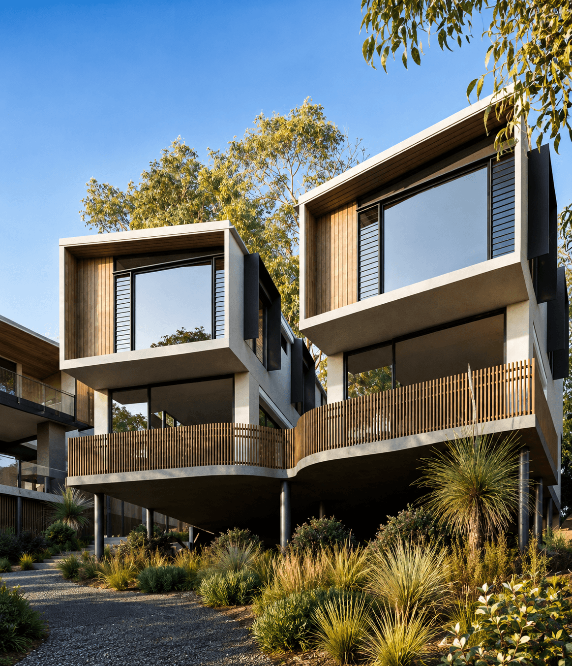angular white rendered home with black-framed windows set on a sloping corner block — SNG Engineers