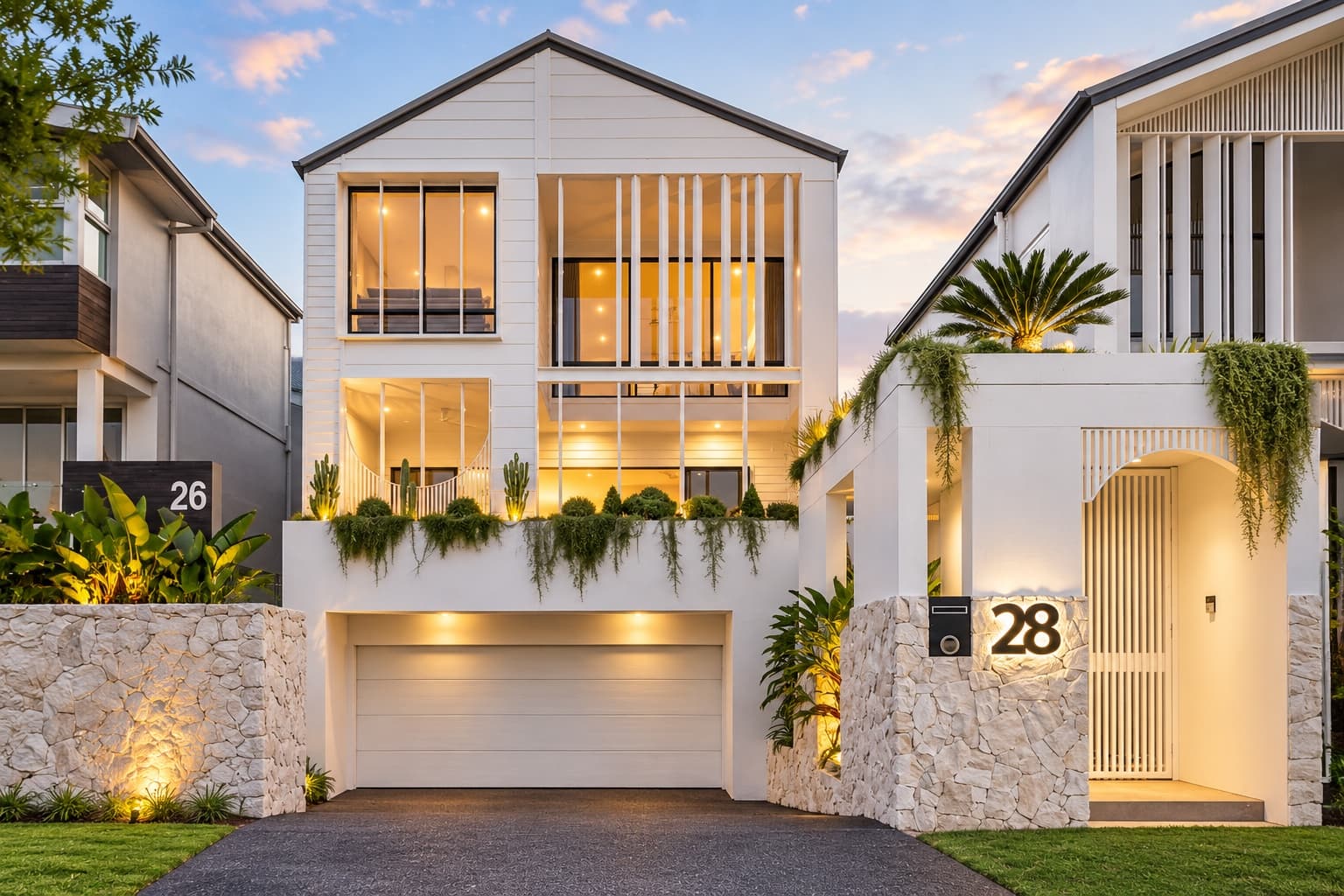 dusk view of a black-clad architectural home with cantilevered balcony and glass balustrading — SNG Engineers