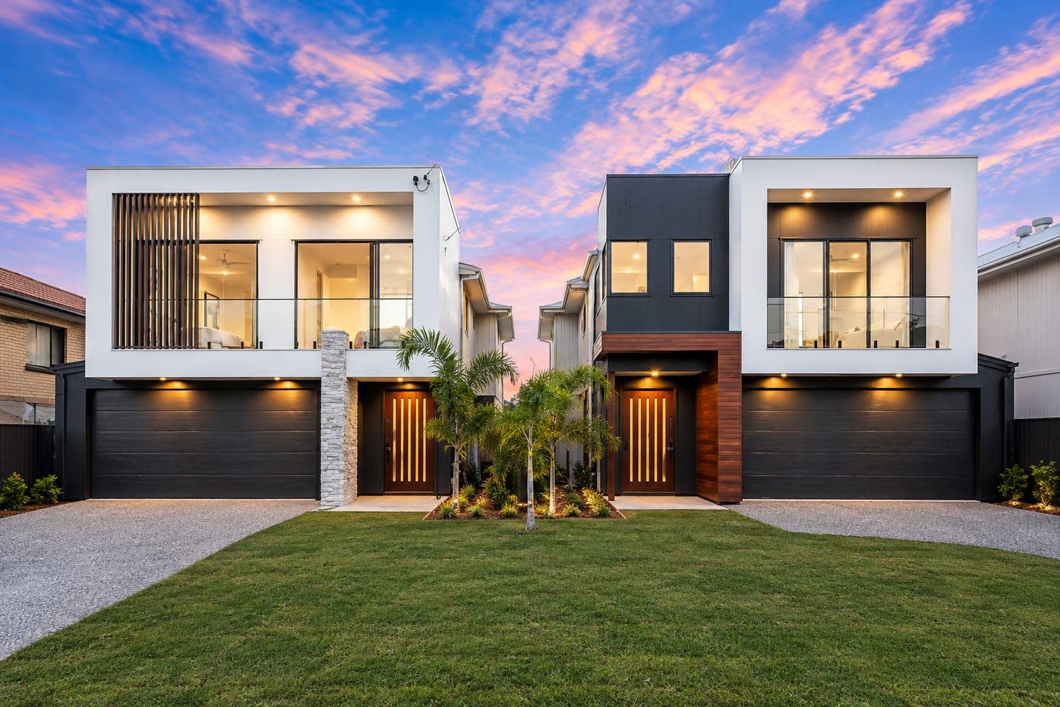 twilight view of matching black-and-white duplex townhouses with timber front doors and dual garages — SNG Engineers
