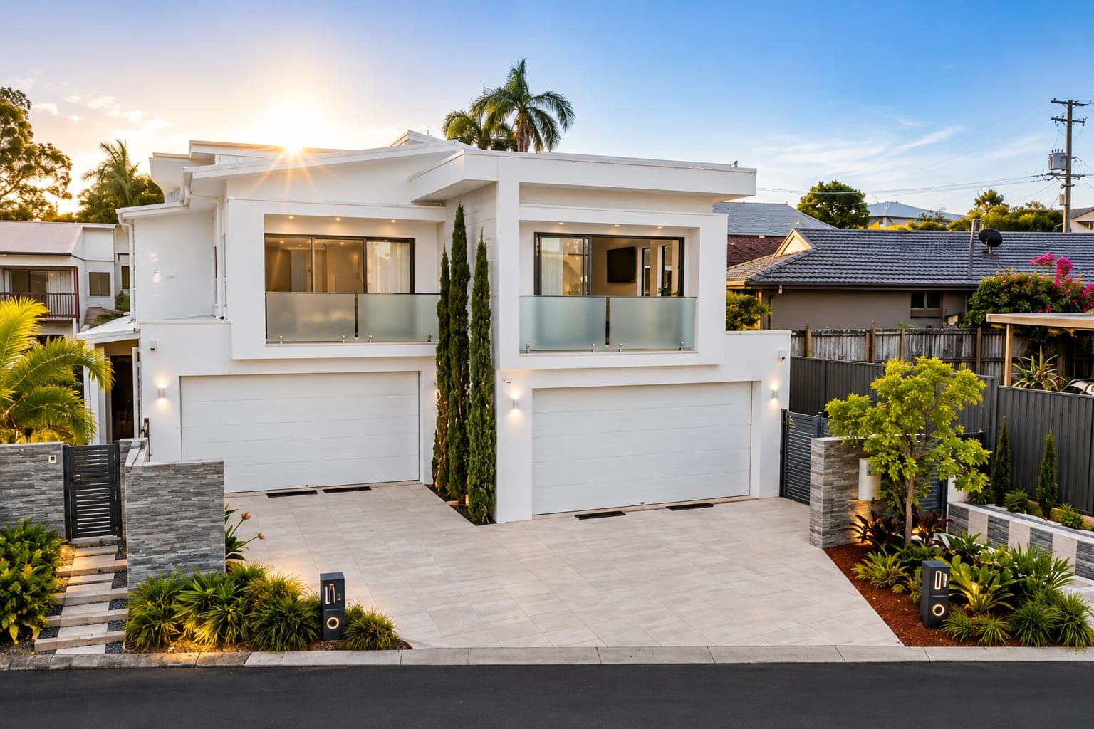 twin-gable rendered duplex with frosted glass balustrades and dual paved driveway at dusk — SNG Engineers
