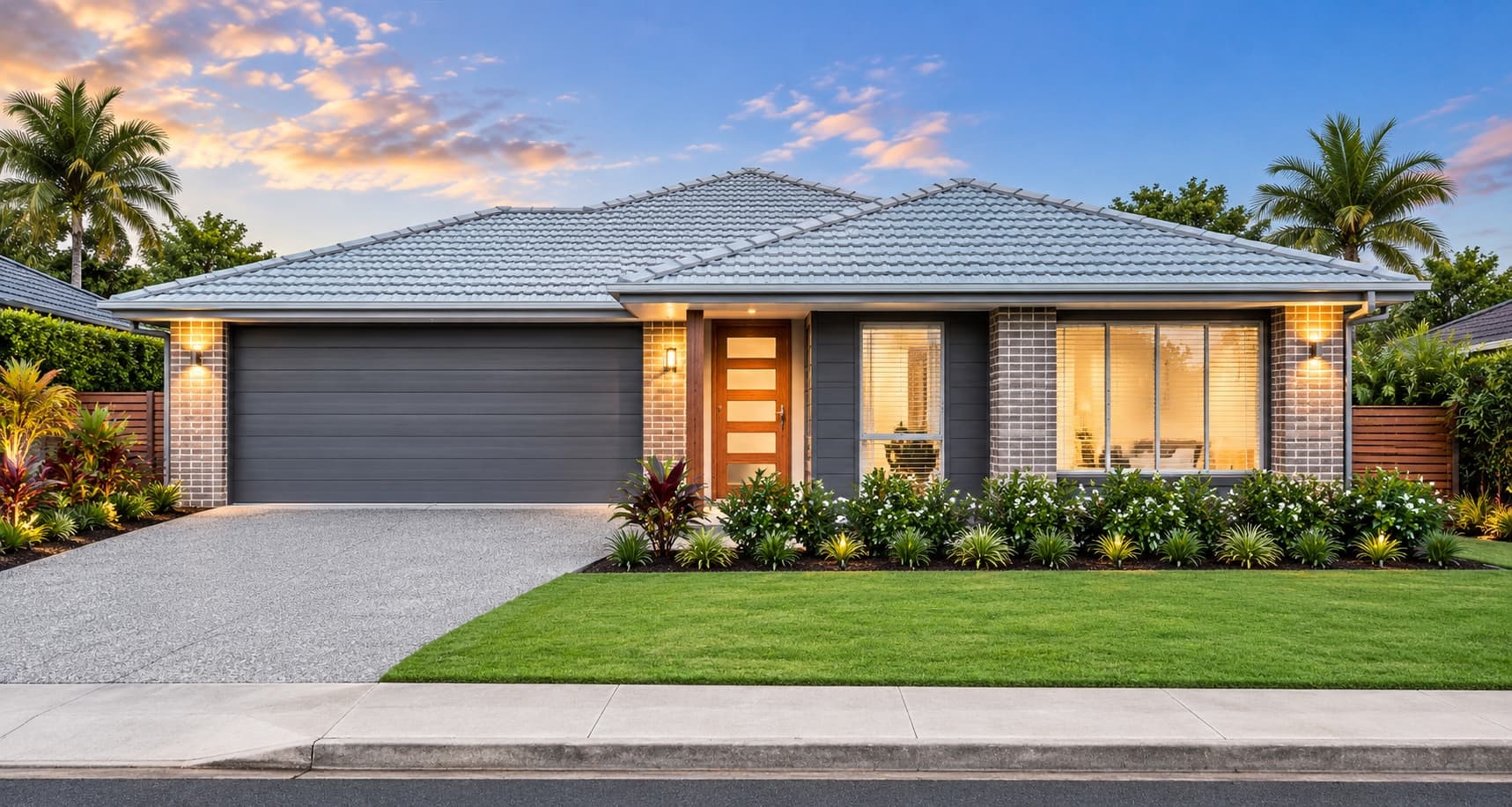 single-storey brick project home with feature timber entry door and tiled hip roof at dusk — SNG Engineers