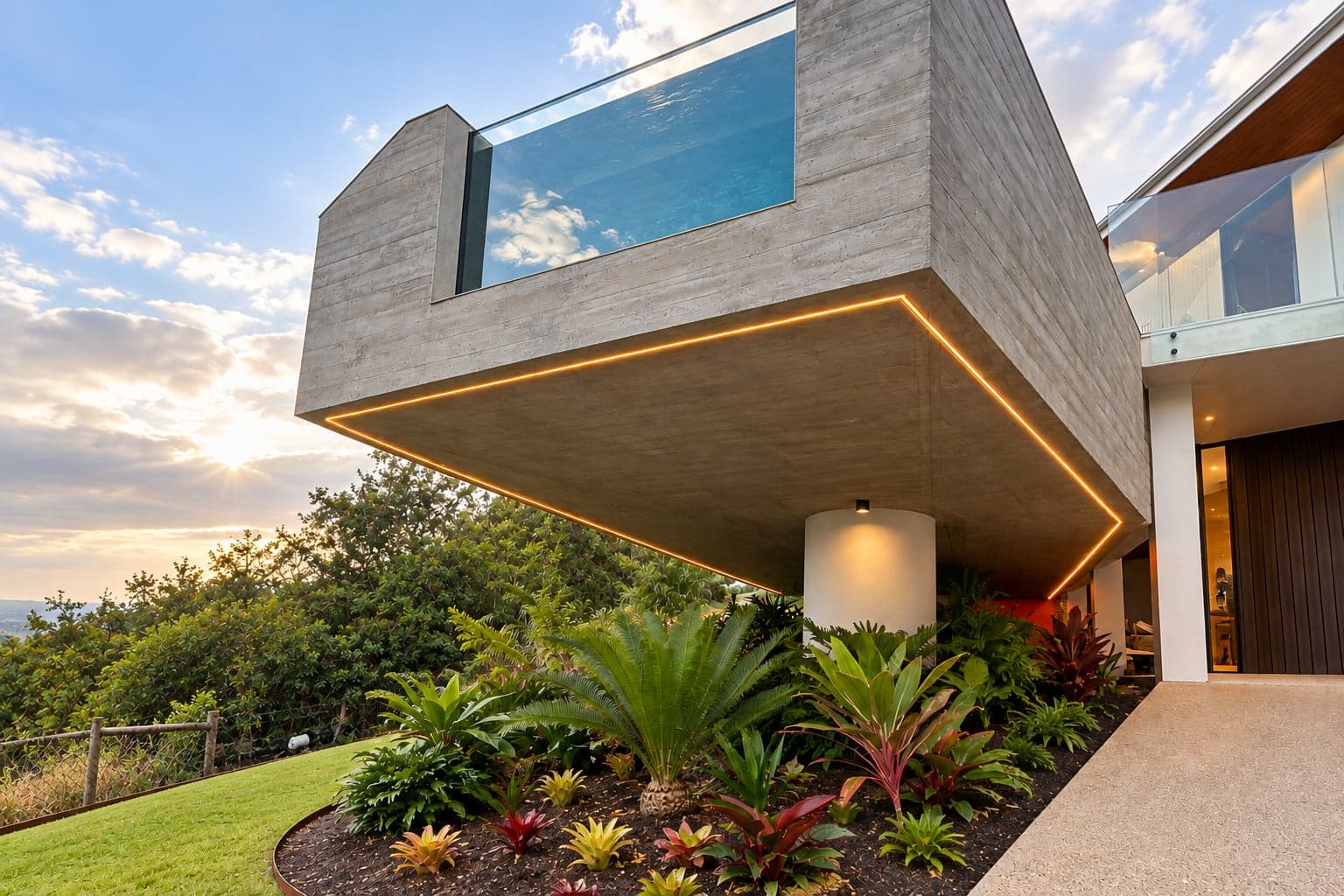 Cantilevered pool structure extending from a hillside home at dusk