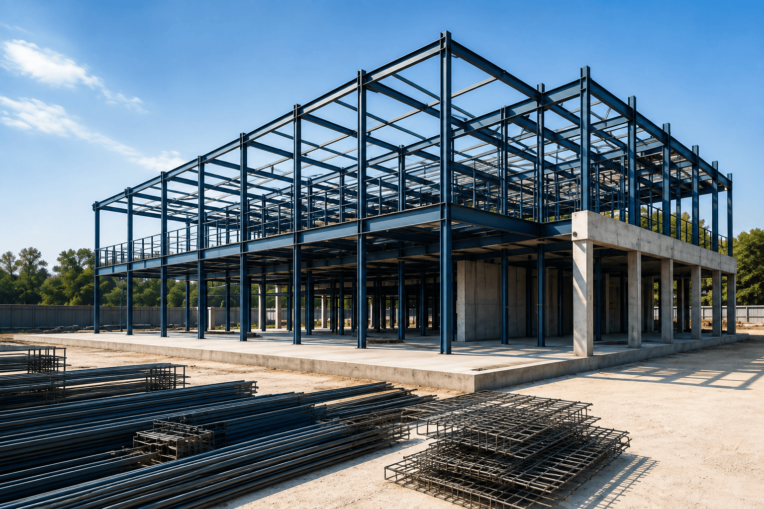 Structural steel frame of a commercial building under construction