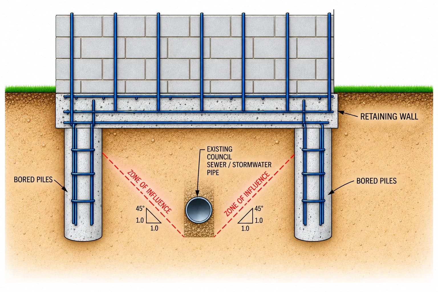 Diagram of a retaining wall on bored piles bridging over an existing council sewer or stormwater pipe