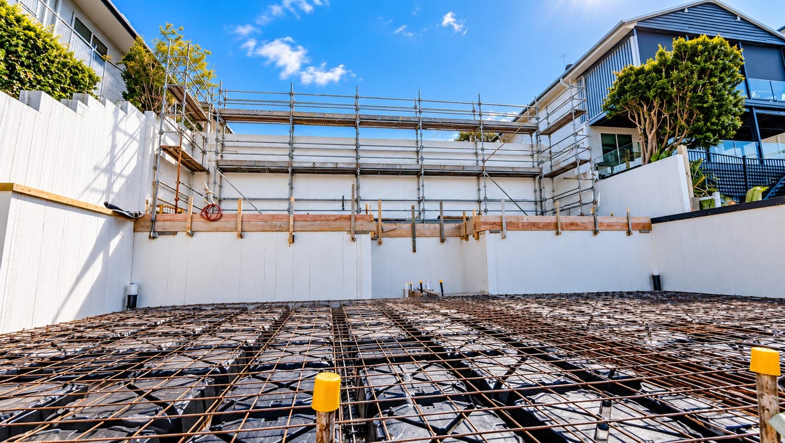 Slab reinforcement mesh on waffle pod formwork ready for a pre-pour inspection