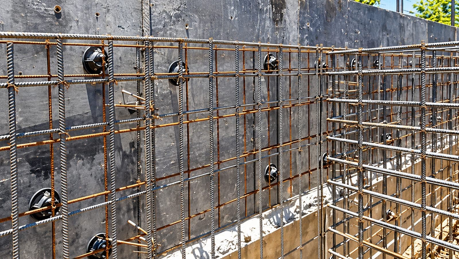 Vertical reinforcement cage against formwork before a retaining wall pour