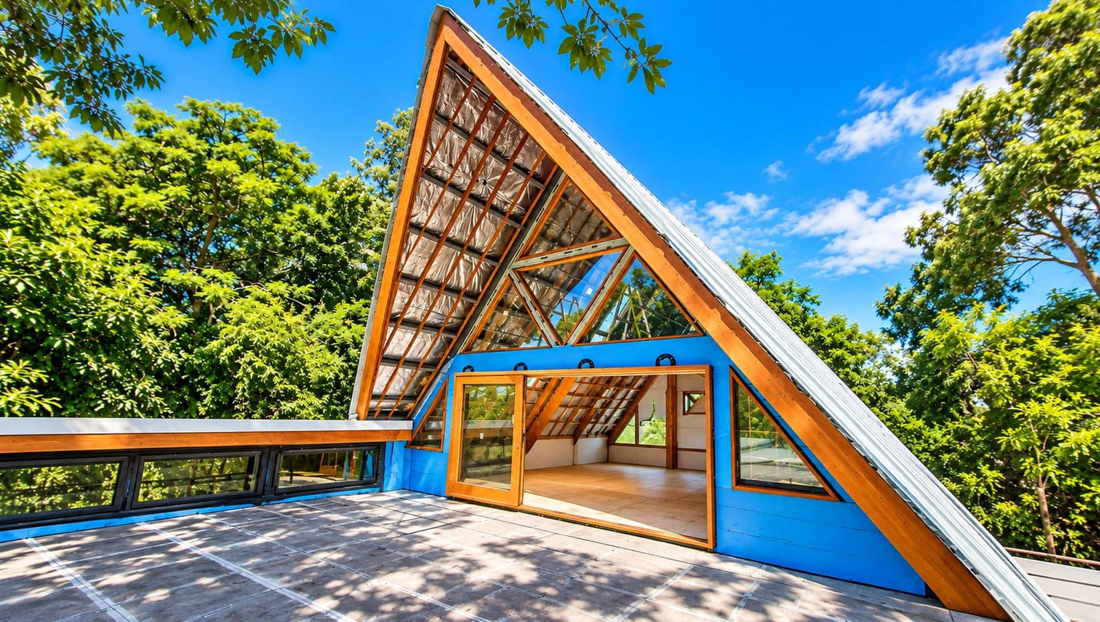 A-frame upper-level extension with exposed timber roof framing