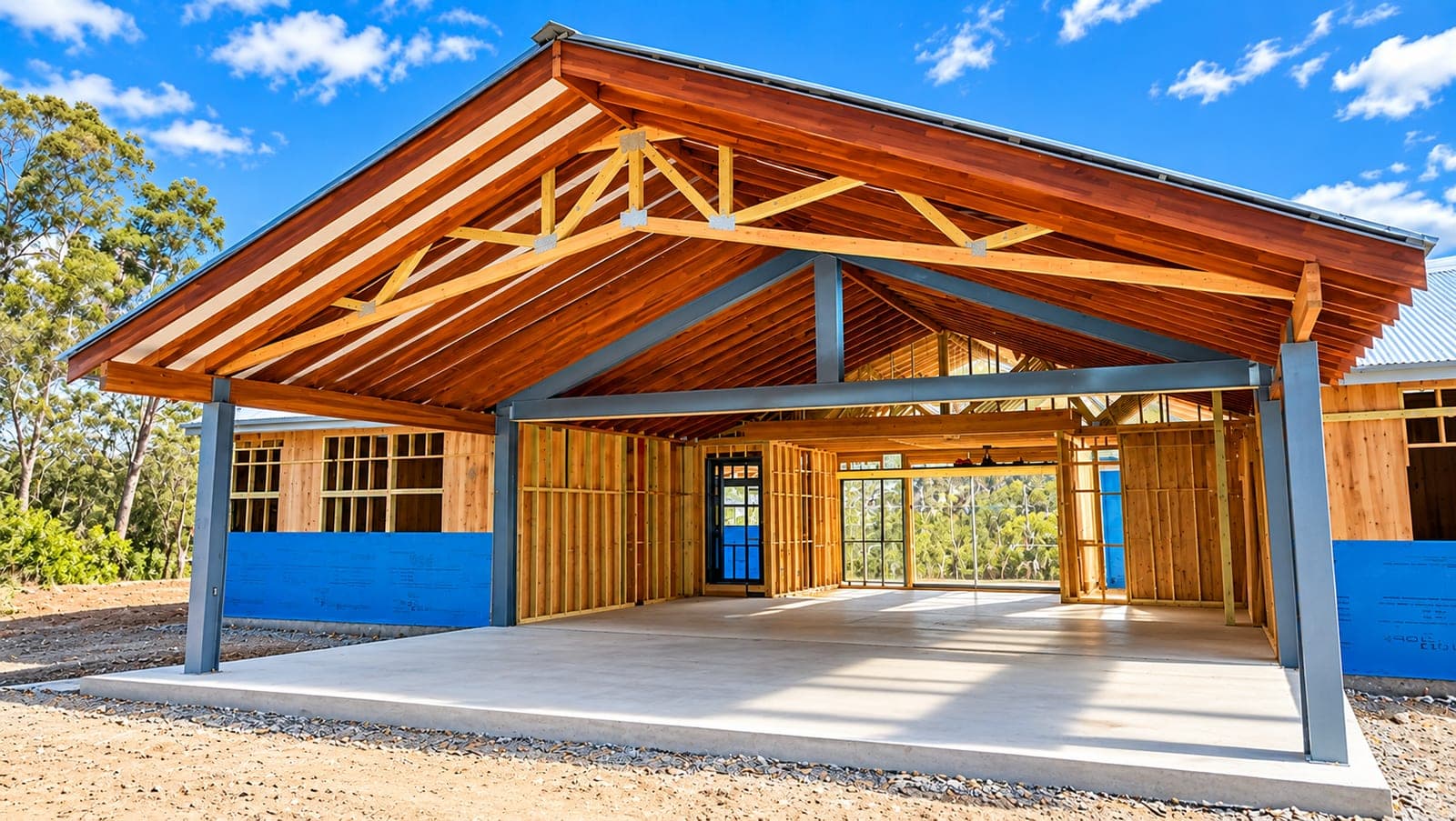 Exposed timber truss framing during a large-scale rear extension