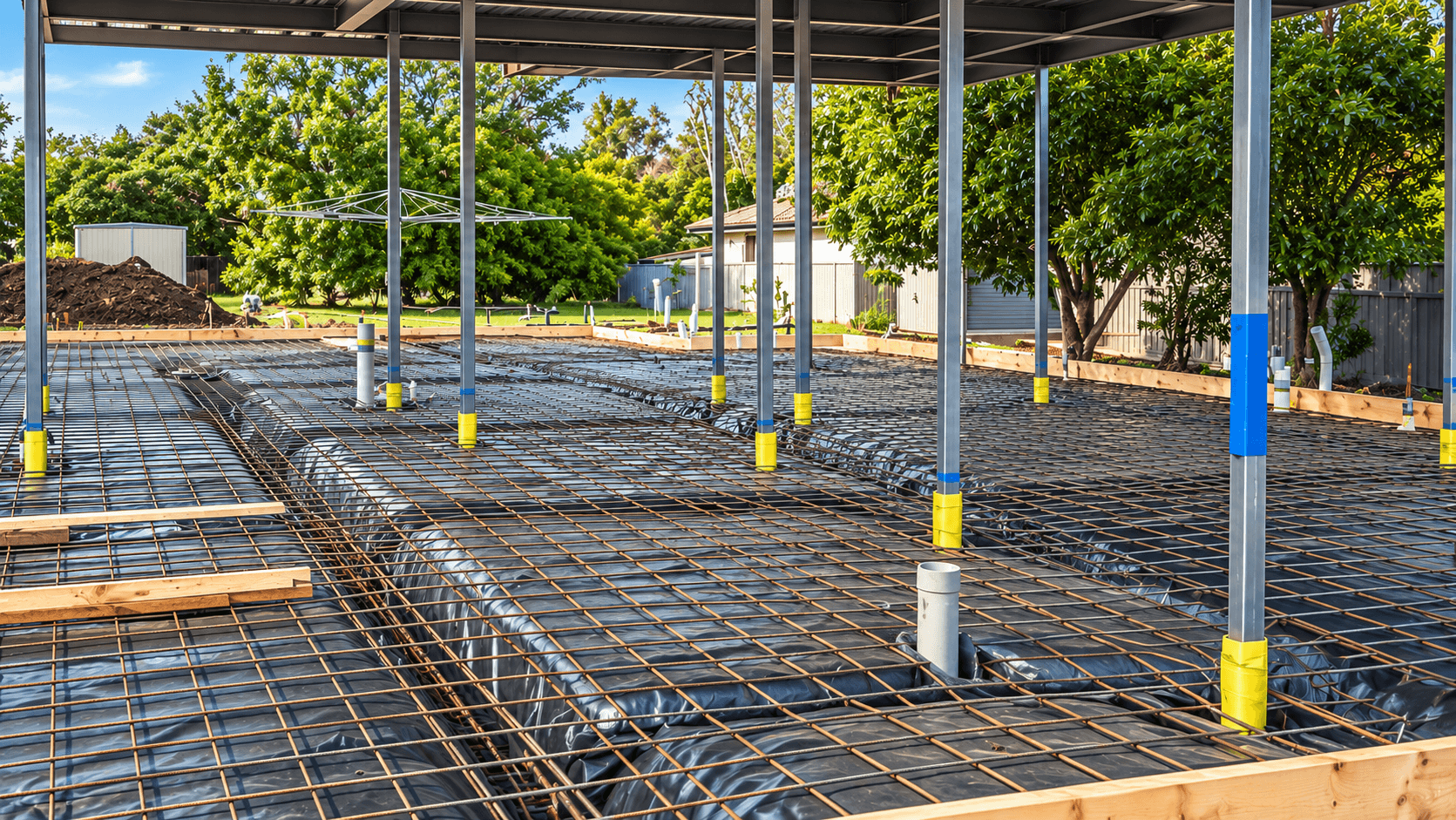 Conventional raft slab reinforcement, membrane and edge formwork under a steel-framed structure