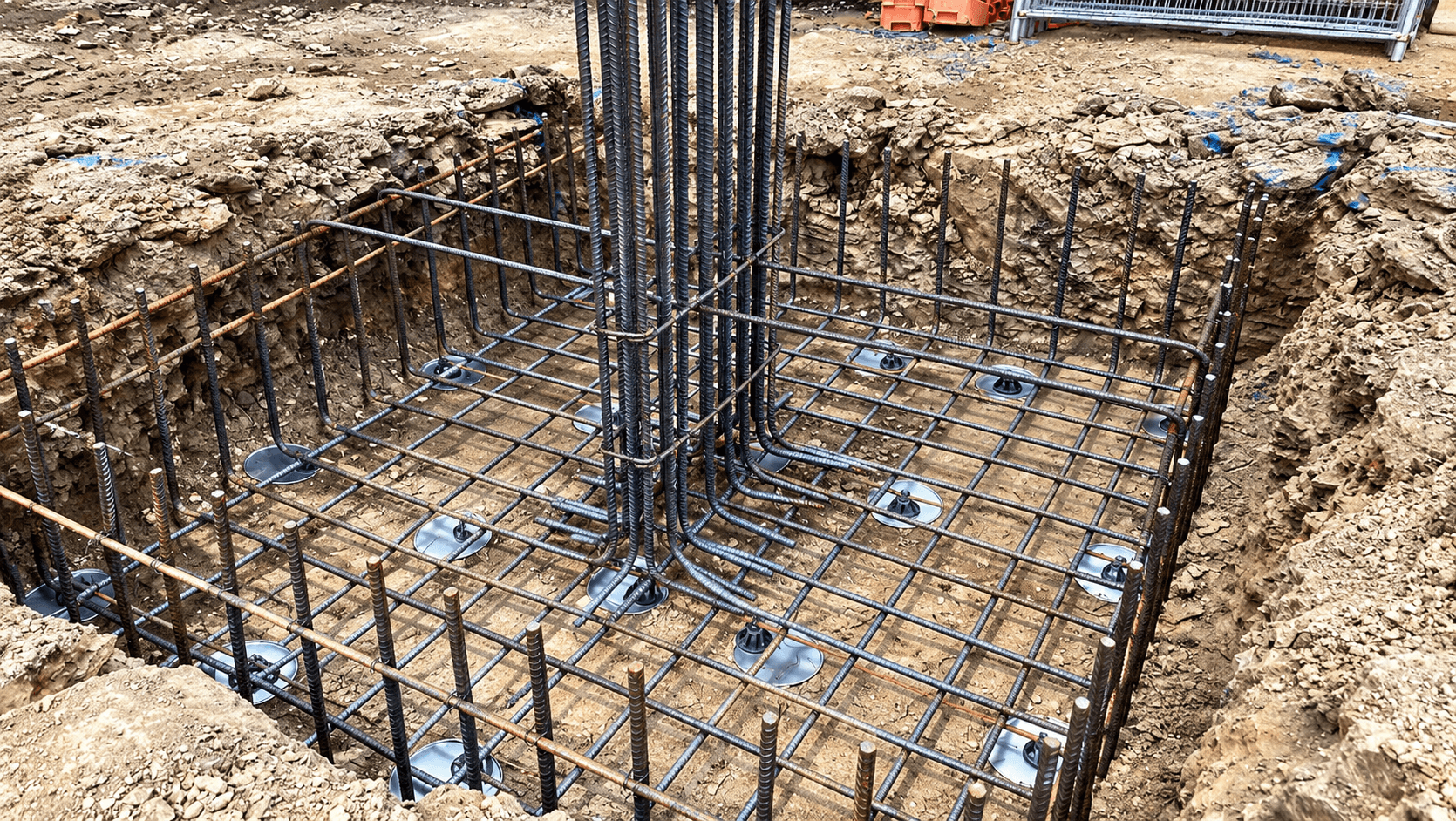 Pad footing excavation with reinforcement cage, bar chairs, and column starter bars ready for pour