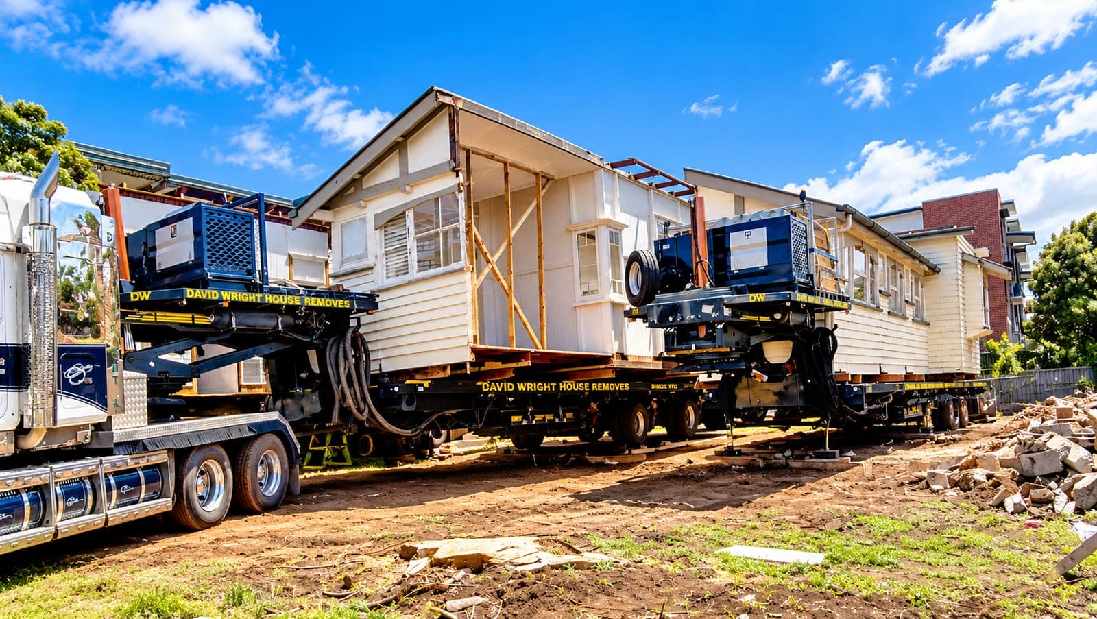 Queenslander house being transported on a low-loader during a house relocation