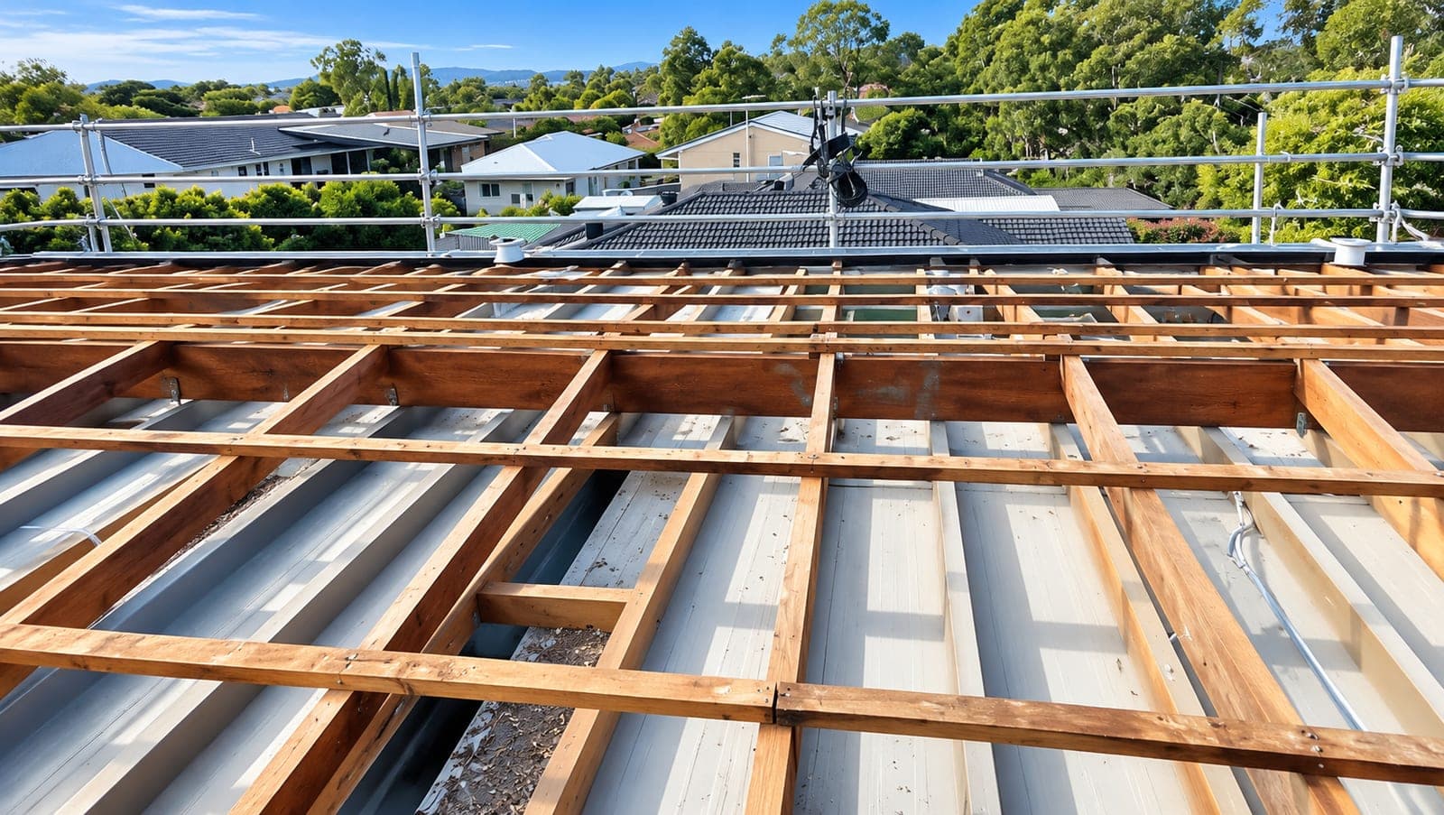 Roof framing and battens during house relocation construction work
