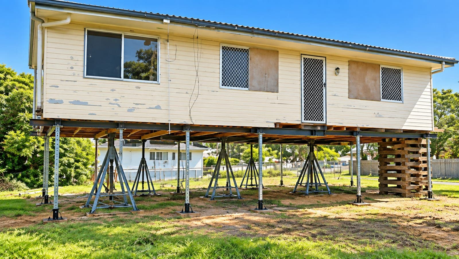 Relocated house supported on steel stumps and jacks at its new site