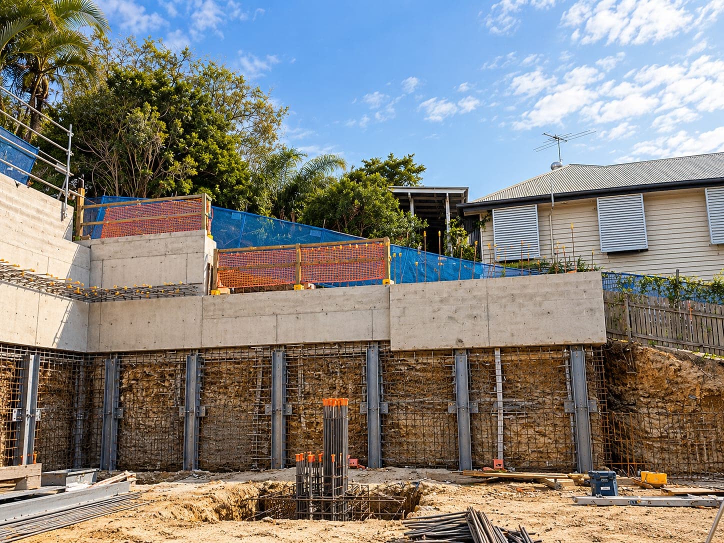 Soldier pile retention wall supporting an excavation next to an existing house