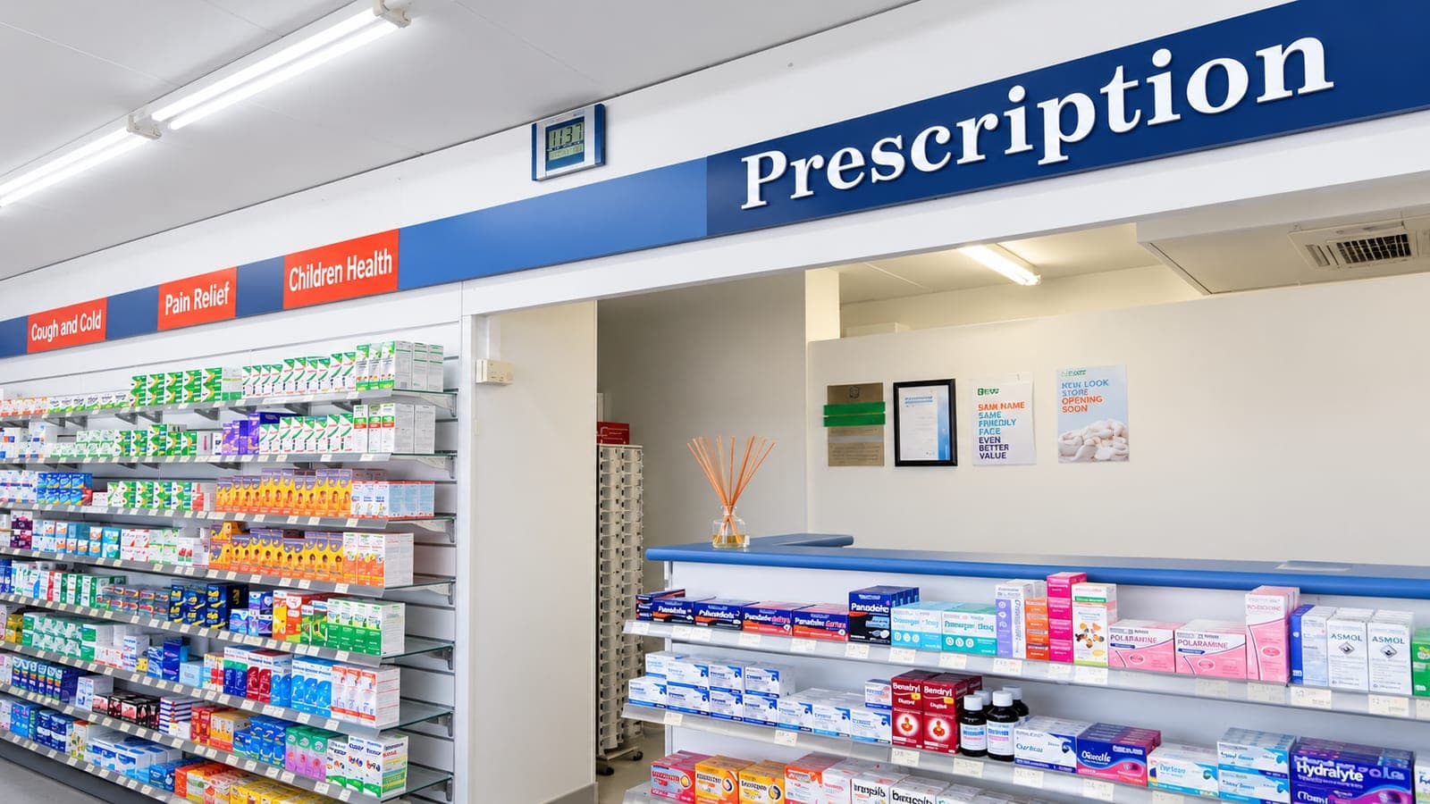 Pharmacy shopfront fitout with prescription signage and shelving