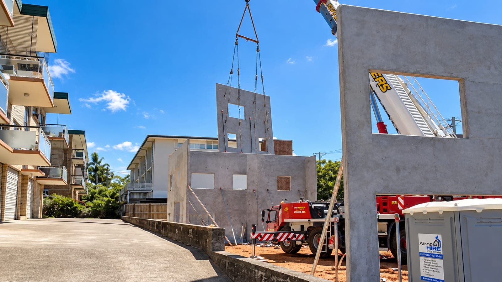 Crane lifting a tilt-up concrete panel into position on a Brisbane construction site
