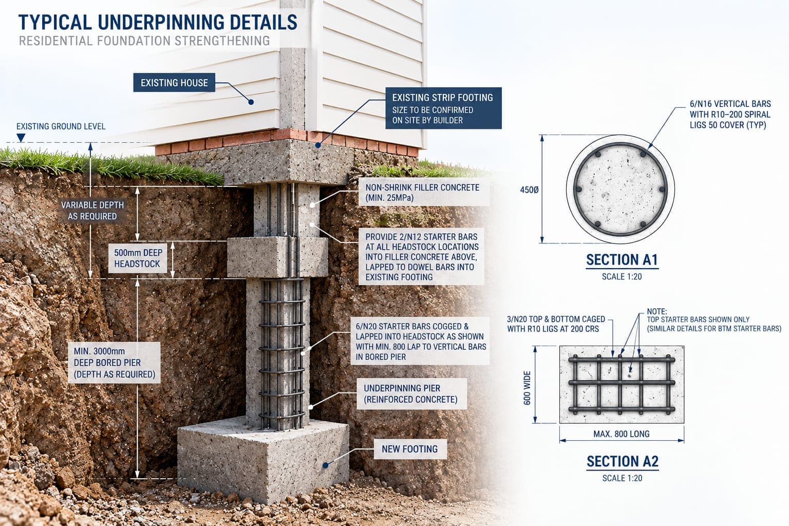 Diagram of typical underpinning details — bored pier, headstock and reinforcement for residential foundation strengthening
