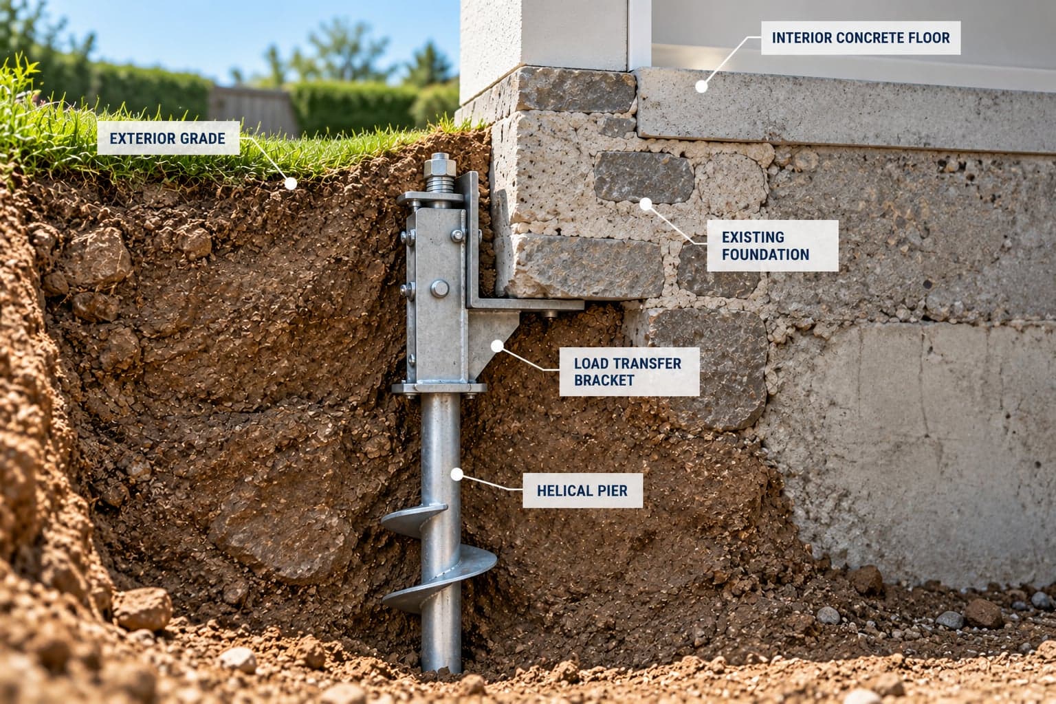 Diagram of helical pier underpinning with load transfer bracket supporting an existing foundation